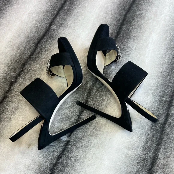 Jimmy Choo Saphie 120 mm Crystal Charm Black Suede Platform Heels - Picture 6 of 10